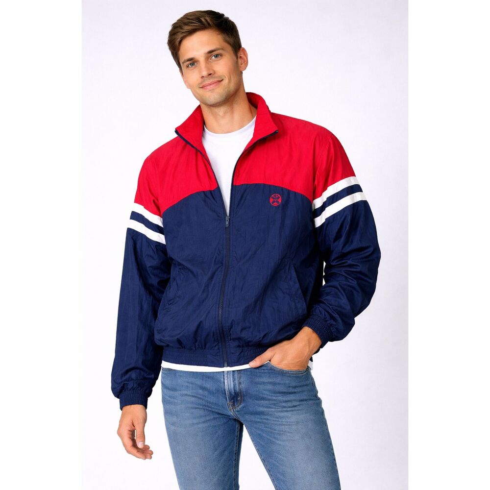 Vintage 80s 3-Strikes Windbreaker Jacket Men’s M Blue Pink Colorblock Nylon
